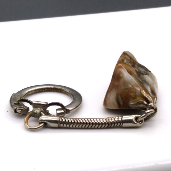 Vintage Polished Stone Keychain, Brown Tumbled Natural Rock with Silver Tone - Picture 3 of 3